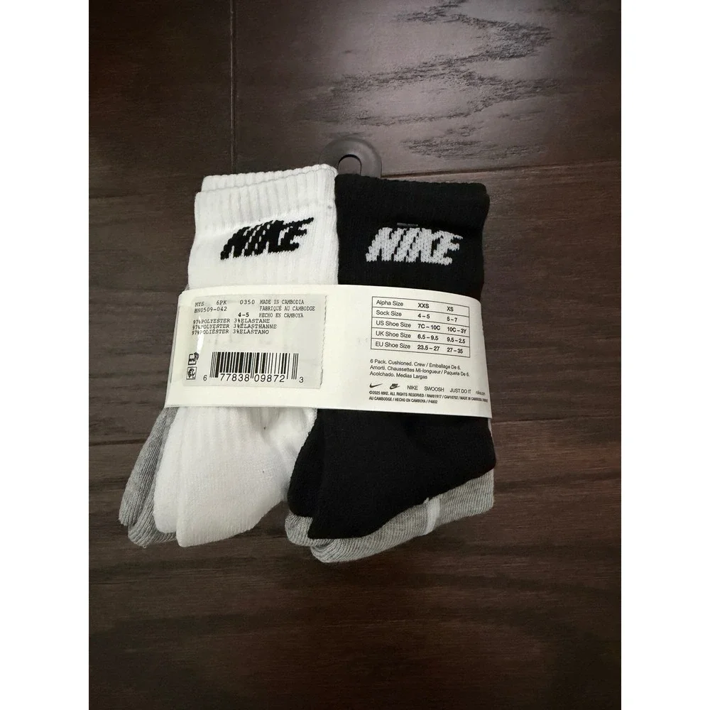 Nike Kids 6 Pack Cushioned Crew Socks Black White Grey BN0509-042 Size 7C-10C